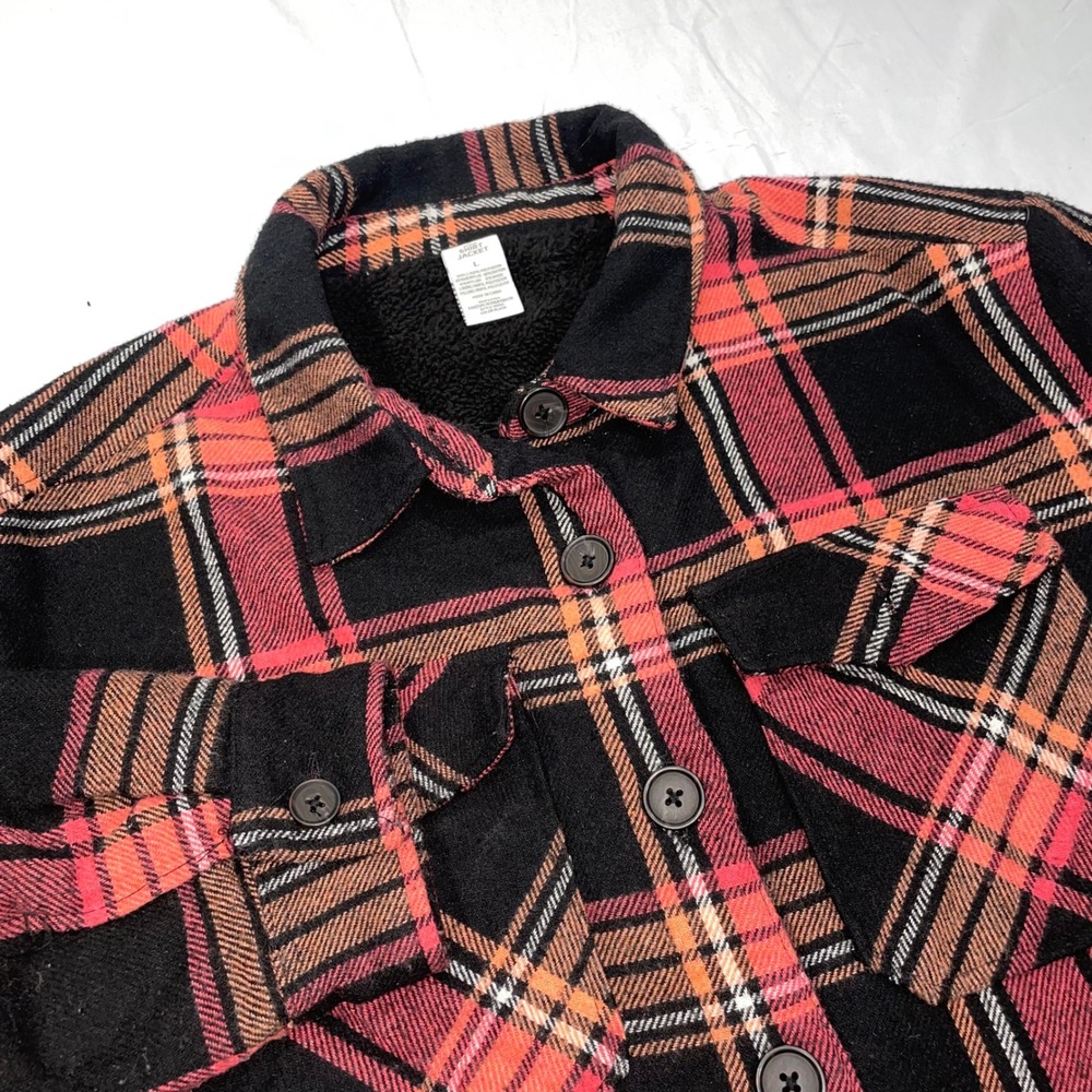 Plaid Shirt Jacket Shacket Faux Shearling Lined Black Red Orange Large Women's